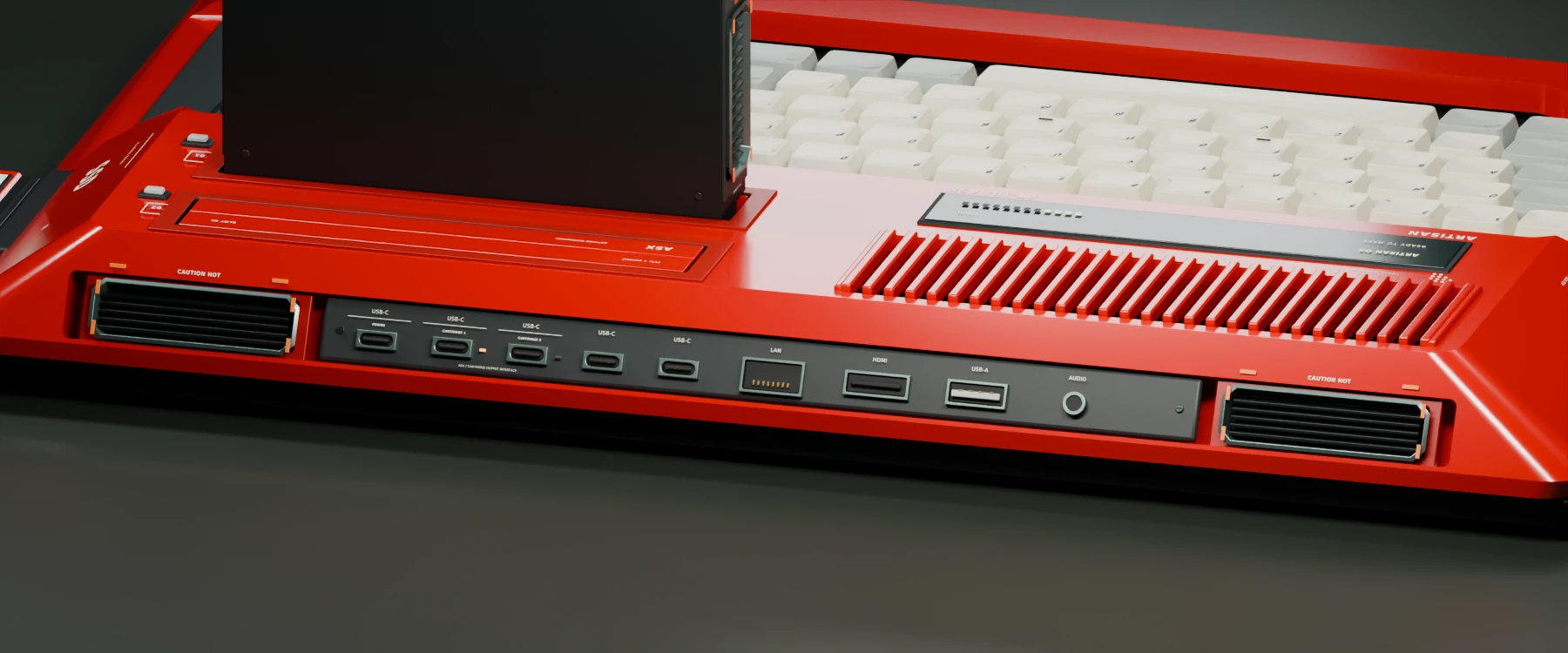 Two rear-facing jet exhausts flank a compact connector panel with USB-C power, CARTRIDGE 1 and CARTRIDGE 2 assignments, device USB-Cs, LAN, HDMI, USB-A and AUDIO silkscreened above their sockets