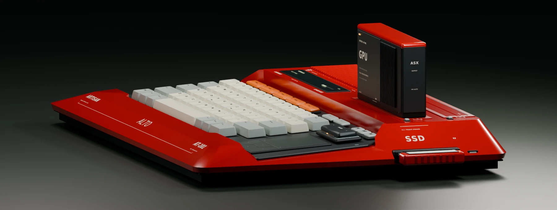 Low side view showing the trapezoidal red housing and the keyboard opening cutting through its sloping side