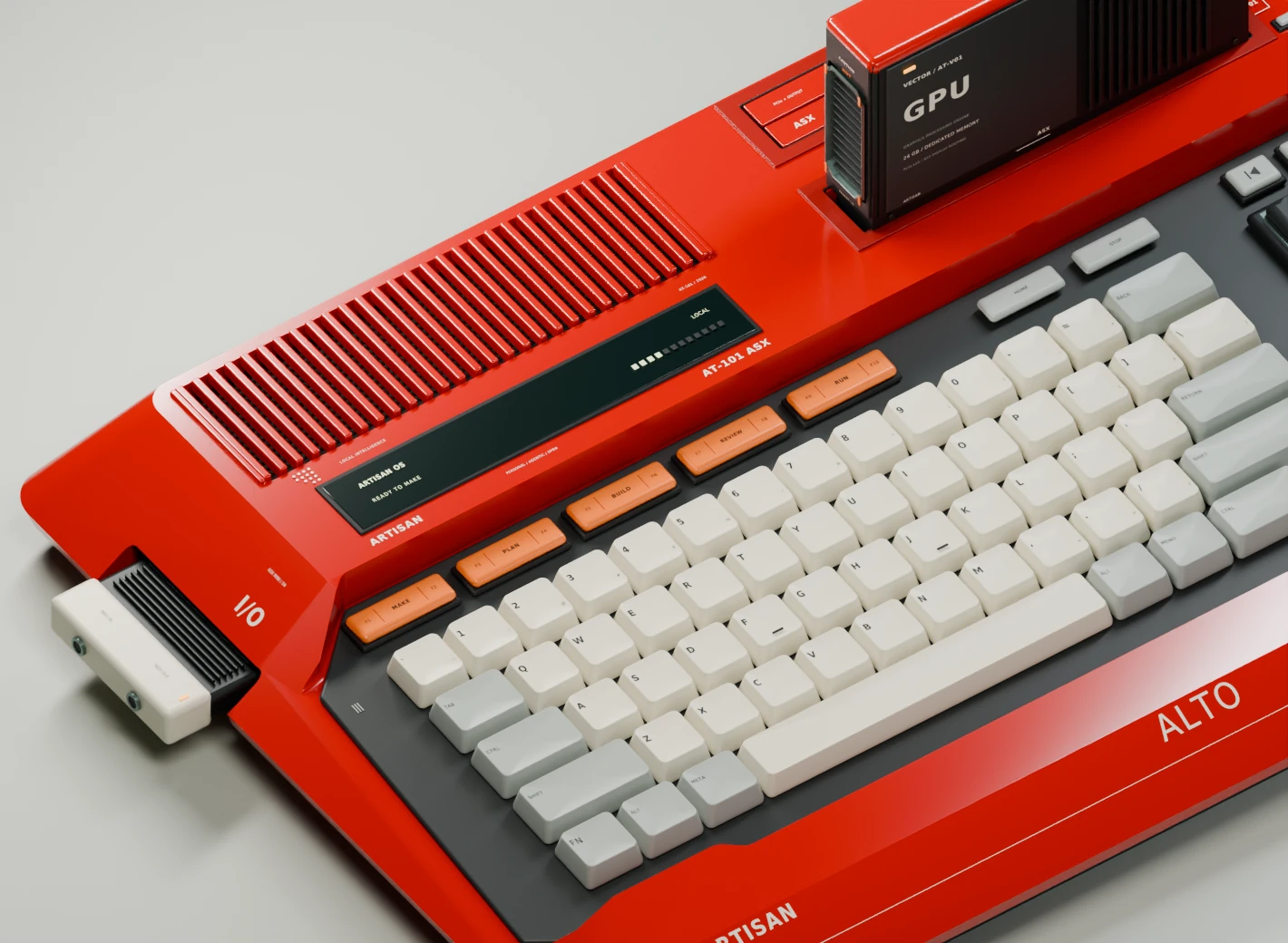 Close view of the sculpted shell, red cooling louvres and concave ivory keycaps