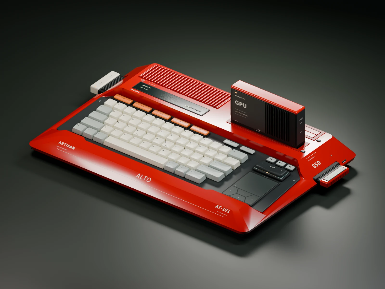 The red ARTISAN ALTO computer with ivory keys and a fitted VECTOR cartridge.
